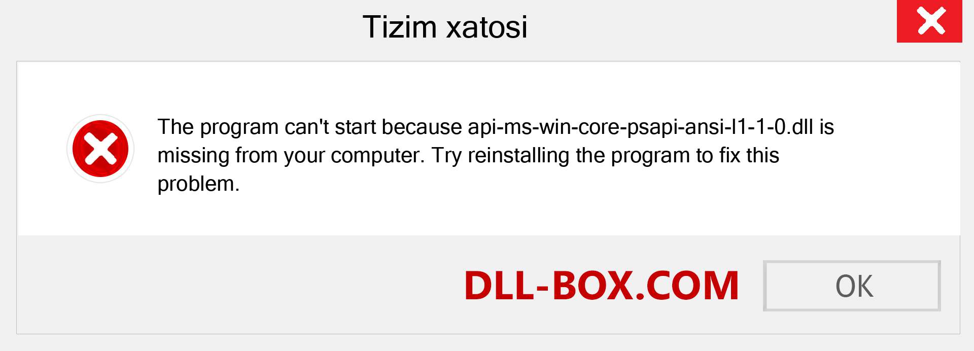 api-ms-win-core-psapi-ansi-l1-1-0.dll fayli yo'qolganmi?. Windows 7, 8, 10 uchun yuklab olish - Windowsda api-ms-win-core-psapi-ansi-l1-1-0 dll etishmayotgan xatoni tuzating, rasmlar, rasmlar